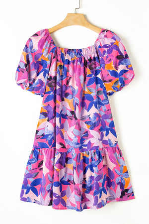 Purple Flower Print Short Puff Sleeve Ruffled Dress