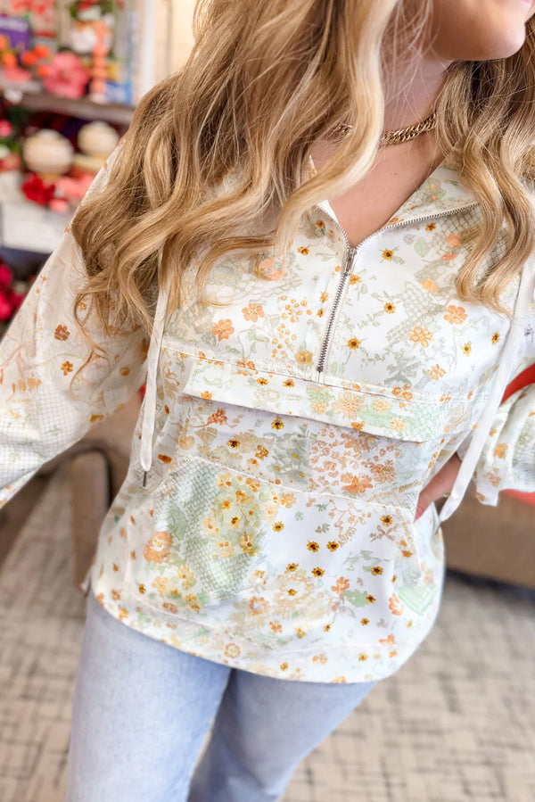 Yellow Floral Print Half Zip Hooded Long Sleeve Top
