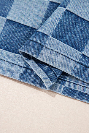 Sky Blue Checkerboard Zipped Neck Kangaroo Pocket Denim Hoodie