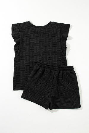 Black Textured Ruffled Sleeve Tee and Drawstring Elastic Waistband Shorts Set