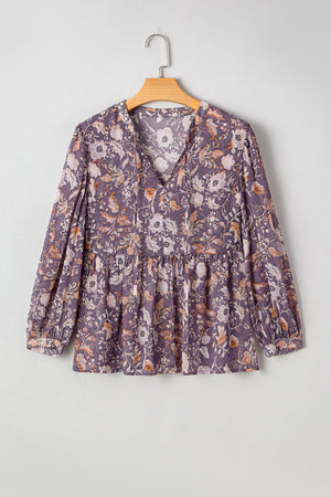 Blue Boho Flower Print 3/4 Sleeve Babydoll Blouse