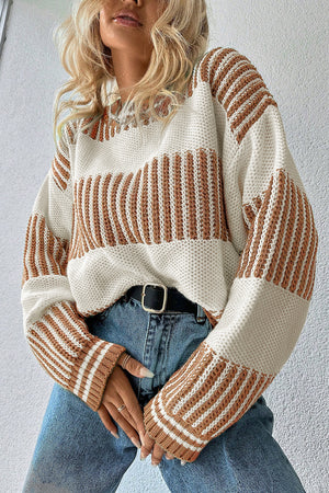 Khaki Two Tone Striped Patchwork Drop Shoulder Loose Sweater