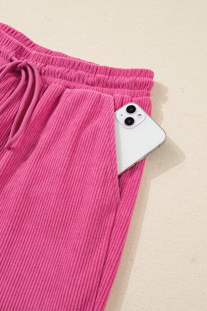 Peach Blossom Half Button Pullover Drawstring Pants Solid Color Corduroy 2pcs Outfit