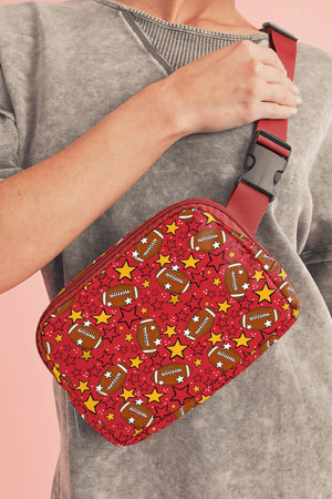 Fiery Red Rugby Football Star Printed Buckle Strap Crossbody Bag