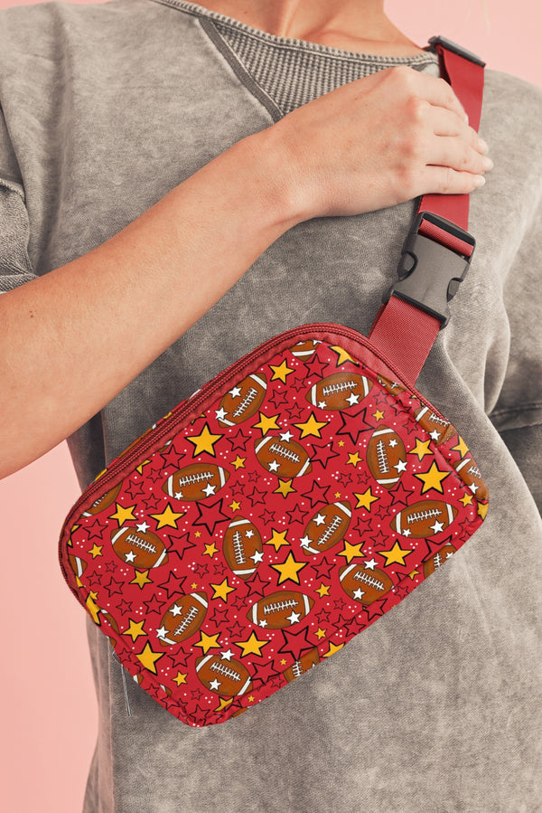 Fiery Red Rugby Football Star Printed Buckle Strap Crossbody Bag