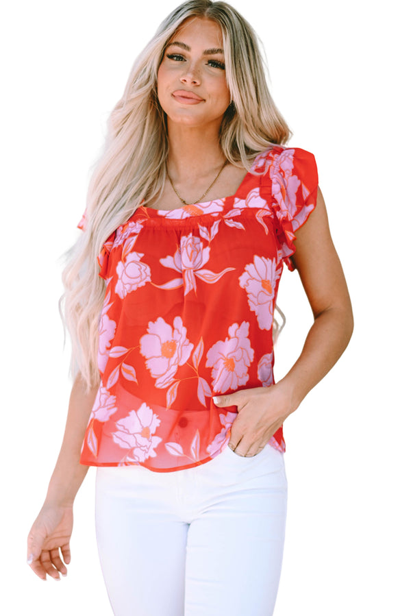 Fiery Red Floral Square Neck Ruffle Sleeve Blouse