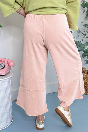 Pink Flower Patch Mineral Washed Terry Knit Cropped Wide Leg Pants