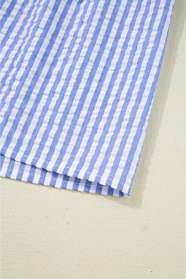 Sky Blue Stripe Bracelet Sleeve Tiered Shift Dress with Pockets