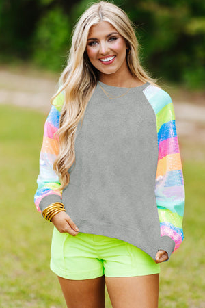 Gray Sequin Color Block Raglan Sleeve Pullover Sweatshirt
