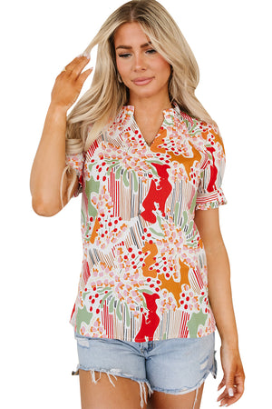 Pink Floral Print Button Frilled Short Sleeve Blouse