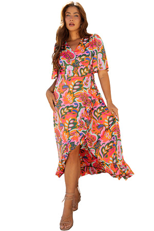 Rose Summer Plant Print Surpliced V Neck Ruffled Asymmetric Slit Wide Short Sleeve Maxi Dress