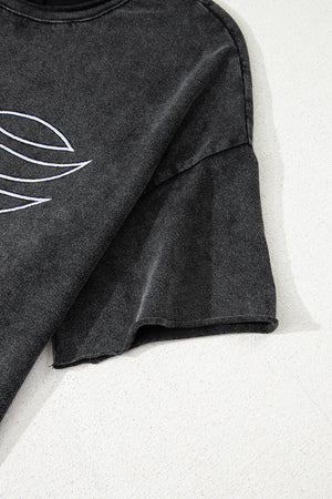 Black Floral Embroidered Mineral Wash Crew Neck T Shirt