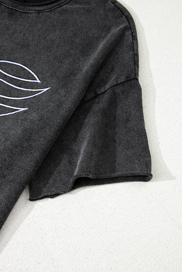 Black Floral Embroidered Mineral Wash Crew Neck T Shirt