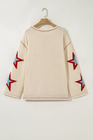 Beige USA Star Contrast Patchwork Exposed Seam Long Sleeve Top