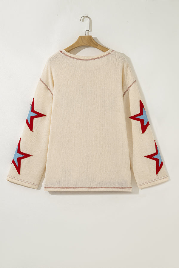 Beige USA Star Contrast Patchwork Exposed Seam Long Sleeve Top