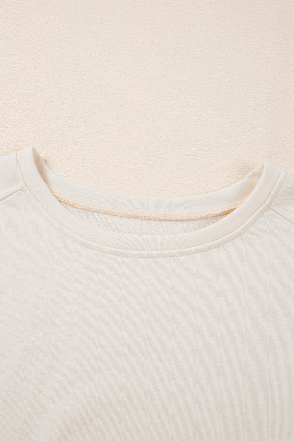 White Pearled Puff Sleeve Round Neck Loose Top