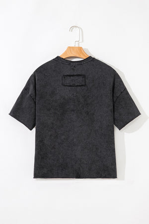 Black Floral Embroidered Mineral Wash Crew Neck T Shirt