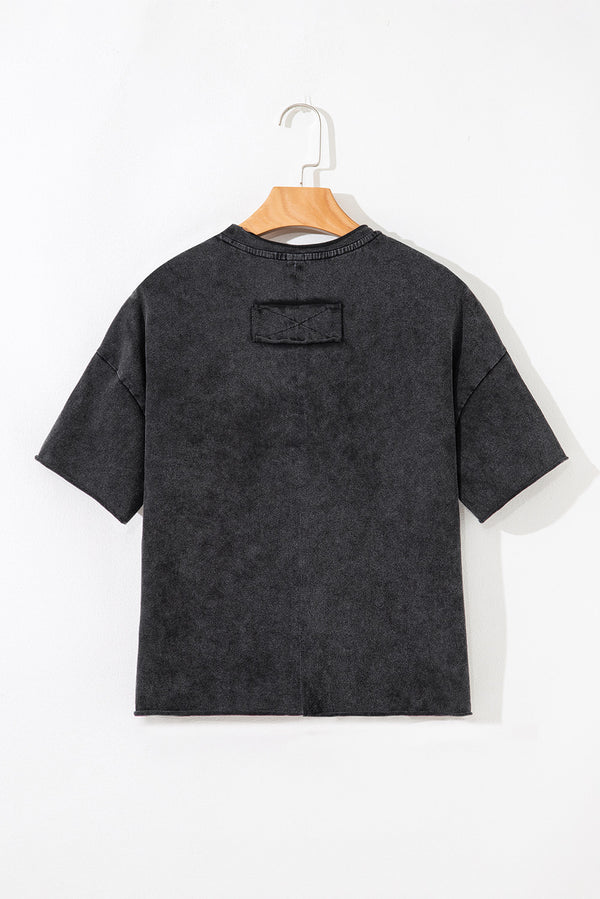 Black Floral Embroidered Mineral Wash Crew Neck T Shirt