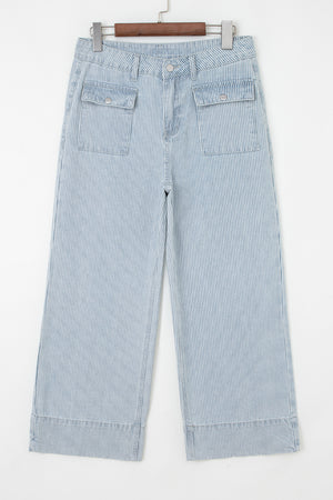 Sky Blue Stripe Button Flap Pocket Cuffed Hem Wide Leg Jeans
