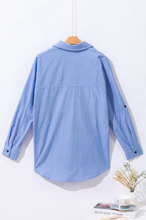Sky Blue Stripe Roll-tab Sleeve Pocketed Long Shirt