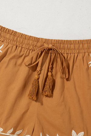 Khaki Embroidered Boho Tasseled Drawstring Elastic Waistband Casual shorts