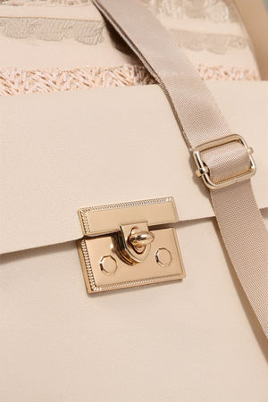 Beige Leather Pocket Patchwork Straw Woven Shoulder Bag