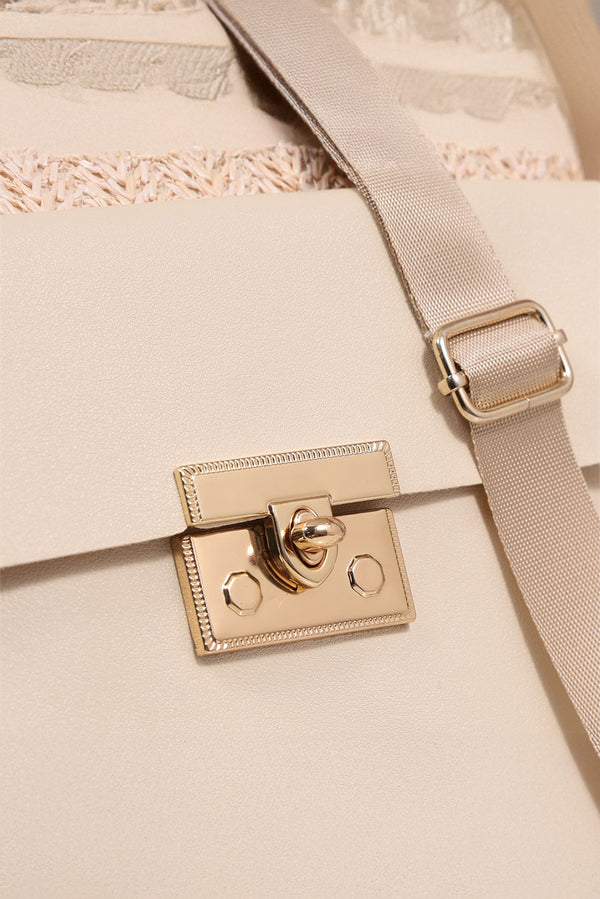 Beige Leather Pocket Patchwork Straw Woven Shoulder Bag