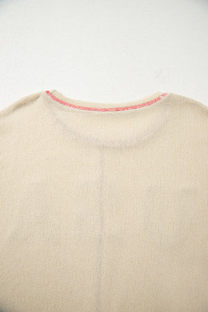 Beige USA Star Contrast Patchwork Exposed Seam Long Sleeve Top