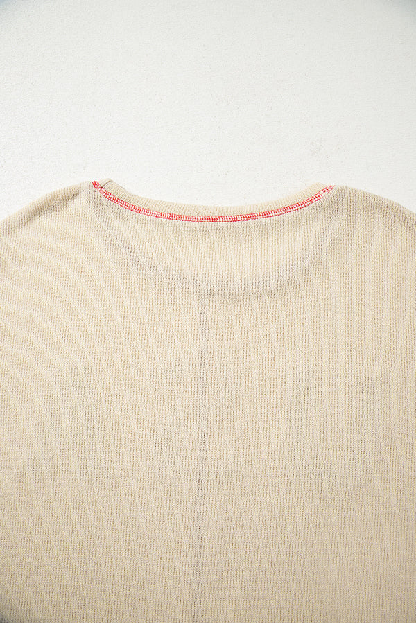 Beige USA Star Contrast Patchwork Exposed Seam Long Sleeve Top