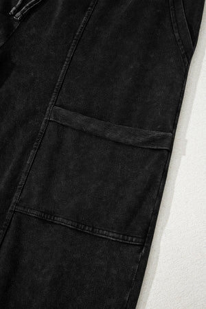 Black Mineral Wash Exposed Seam Drawstring Elastic Waistband Wide Leg Cargo Pants