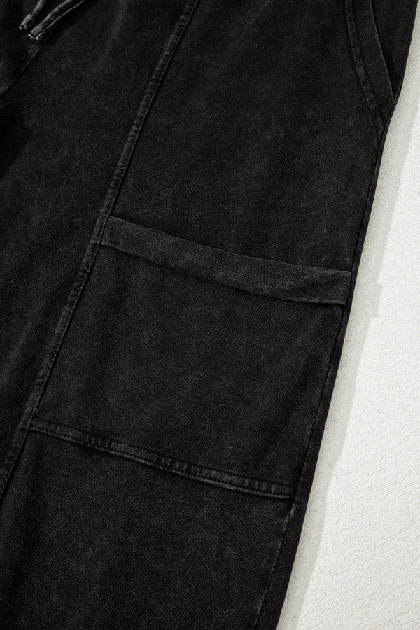 Black Mineral Wash Exposed Seam Drawstring Elastic Waistband Wide Leg Cargo Pants