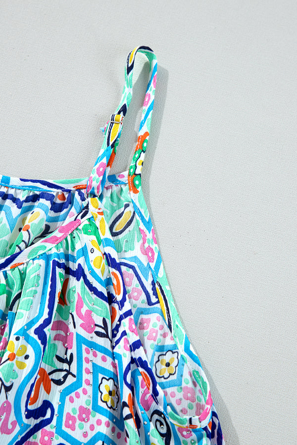 White Rhinestone Boho Floral Printed Spaghetti Strap Tank Top