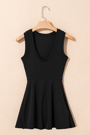 Black Sleeveless Knot Skirt Hem Sports Romper