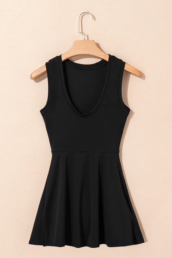 Black Sleeveless Knot Skirt Hem Sports Romper