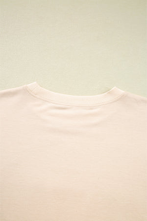 Beige Raw Edge Flower Patch Drop Shoulder Casual Top
