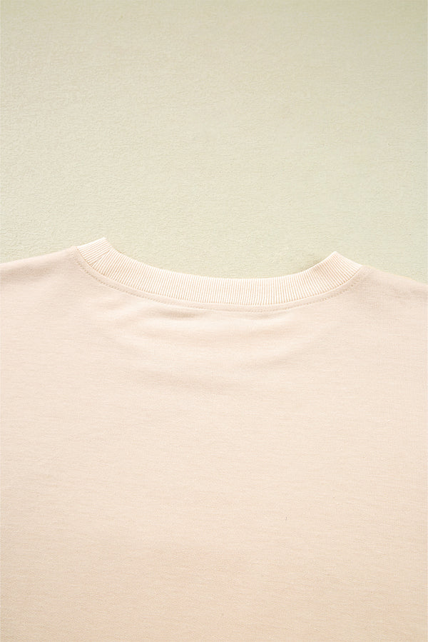 Beige Raw Edge Flower Patch Drop Shoulder Casual Top