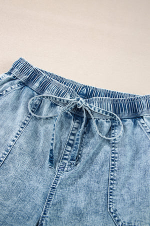 Myosotis Mineral Wash Drawstring Elastic Waistband Loose Straight Denim Pants
