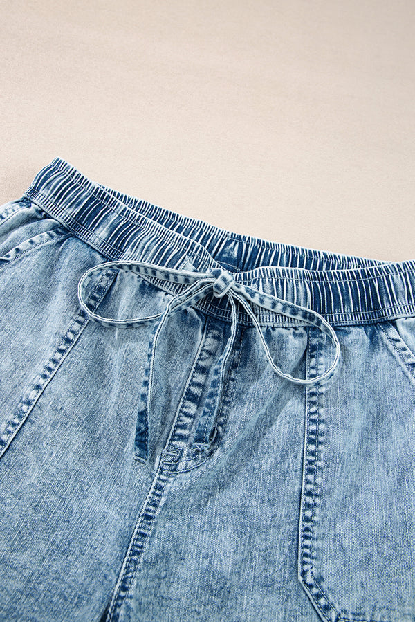 Myosotis Mineral Wash Drawstring Elastic Waistband Loose Straight Denim Pants
