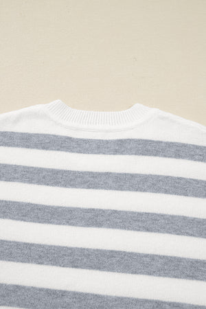 Gray Stripe Ribbed Buttoned Detail Drop Shoulder Tunic Sweater