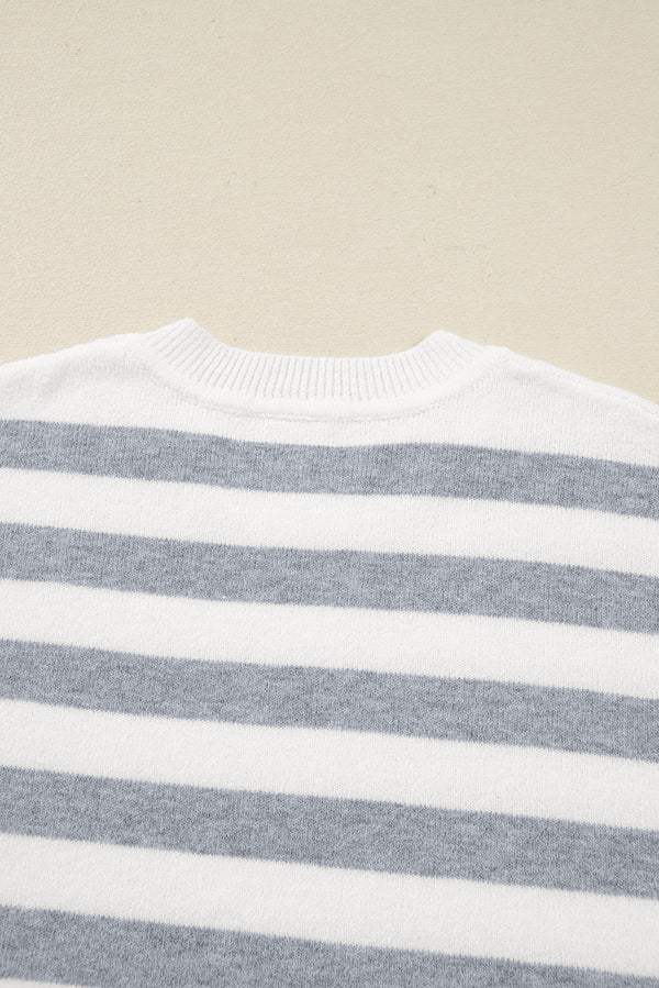 Gray Stripe Ribbed Buttoned Detail Drop Shoulder Tunic Sweater