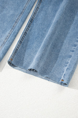 Blue Mid Rise Asymmetrical Waist Wide Leg Jeans