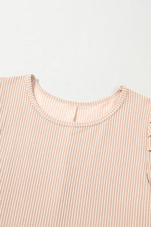 Parchment Corded Knit Crew Neck Puff Sleeve Shift Mini Dress