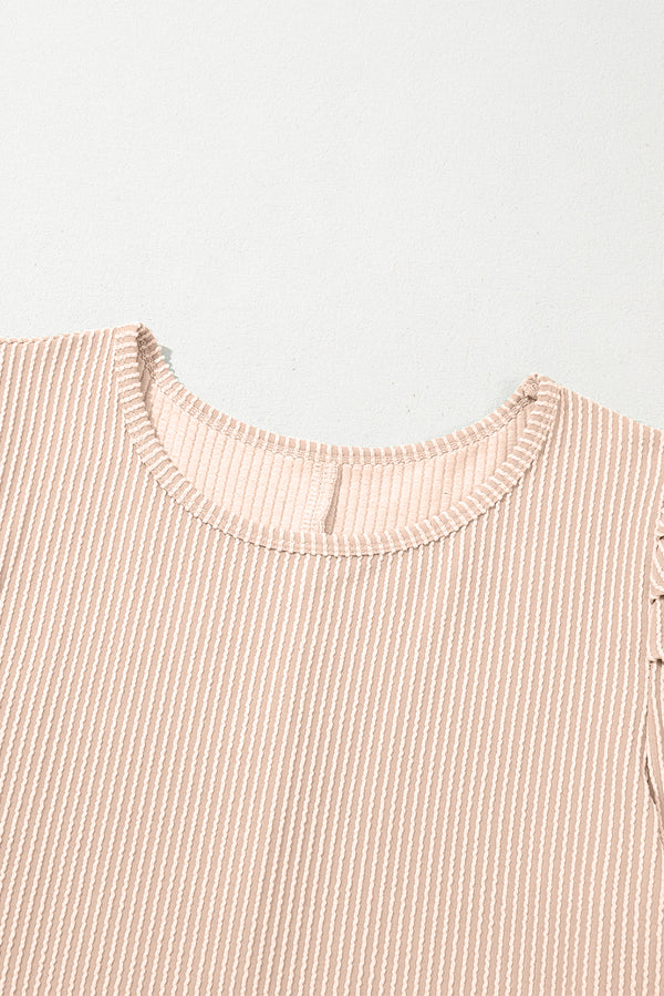 Parchment Corded Knit Crew Neck Puff Sleeve Shift Mini Dress