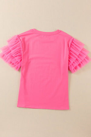 Pink Tulle Ruffle Sleeve Blouse