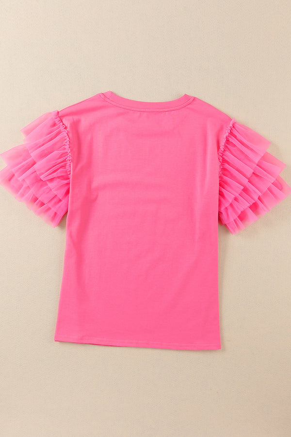 Pink Tulle Ruffle Sleeve Blouse