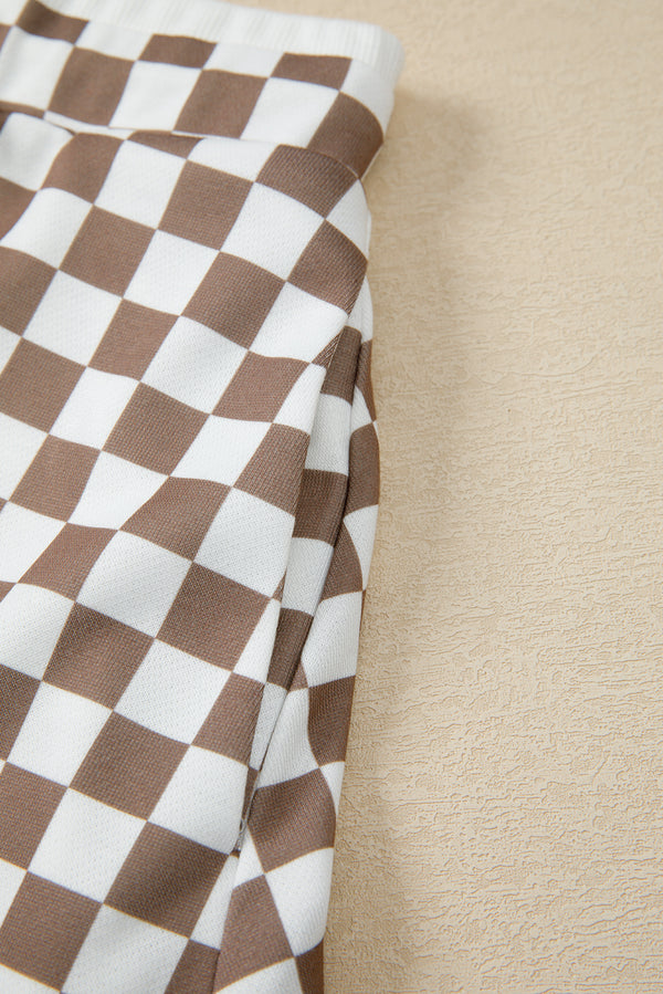 Khaki Checkered Print Polo Collar Cropped Long Sleeve Top Drawstring Mini Skirt Set