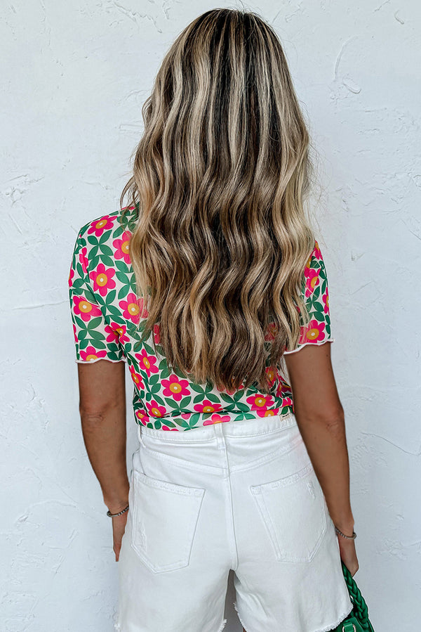 Fiery Red Retro Floral Print Crew Neck T Shirt