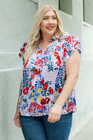 Fiery Red Plus Floral Print Ruffle Cap Sleeve V Neck Blouse