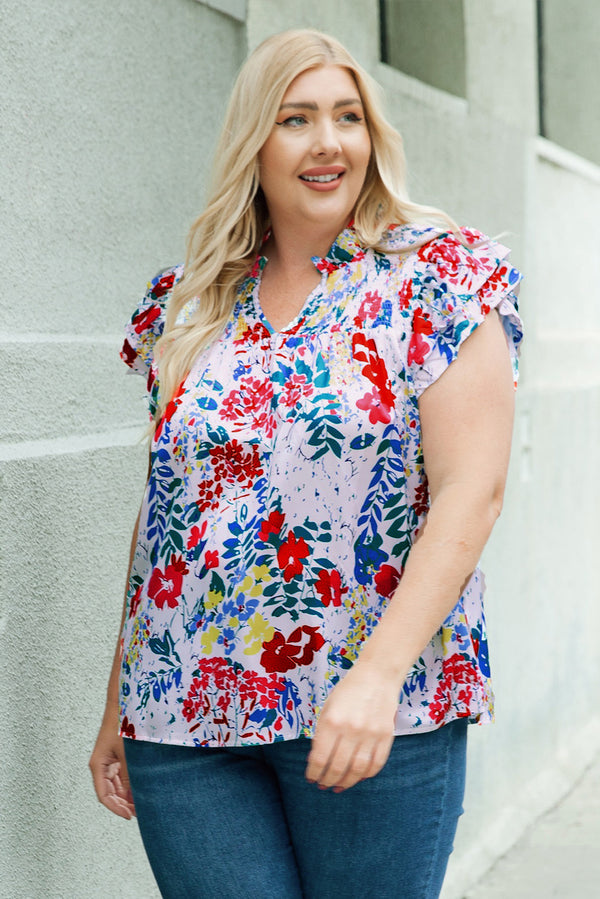 Fiery Red Plus Floral Print Ruffle Cap Sleeve V Neck Blouse
