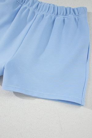 Beau Blue Ribbed Texture Half Zip Ruffled Short Sleeve Top and Shorts Set
